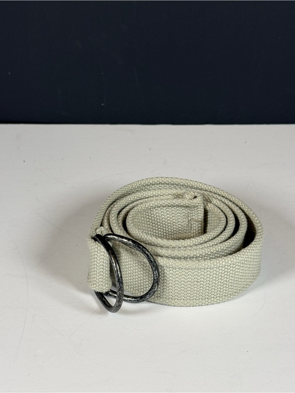 Vintage Khaki Canvas Web Belt Double D-Ring Buckle Woven Cotton Utility 46"
